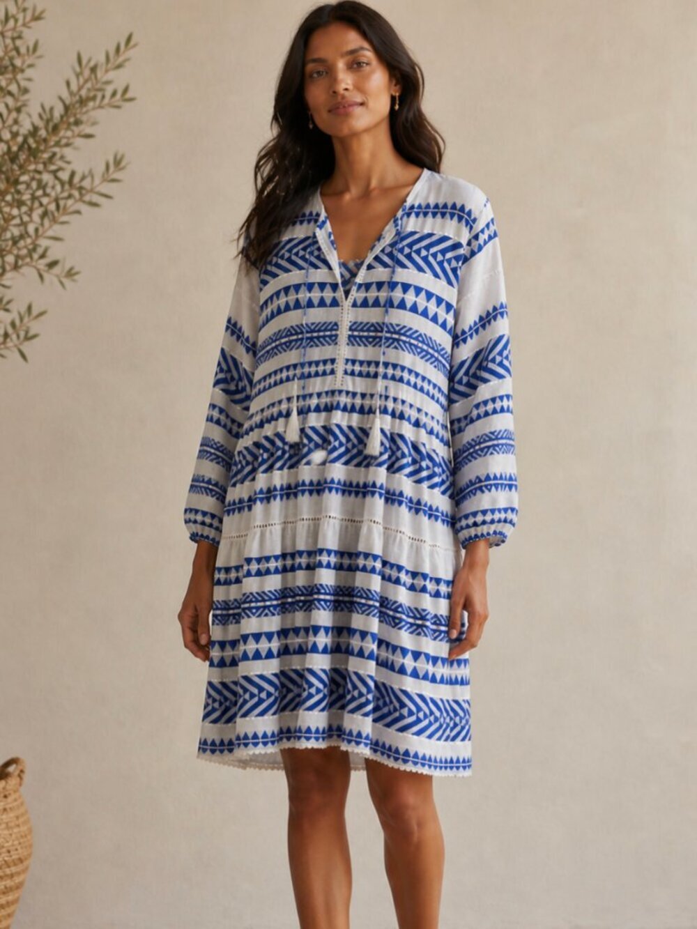 ASPIGA Long Sleeve A Line Cotton Sundress Aztec Greek Geometric S $150